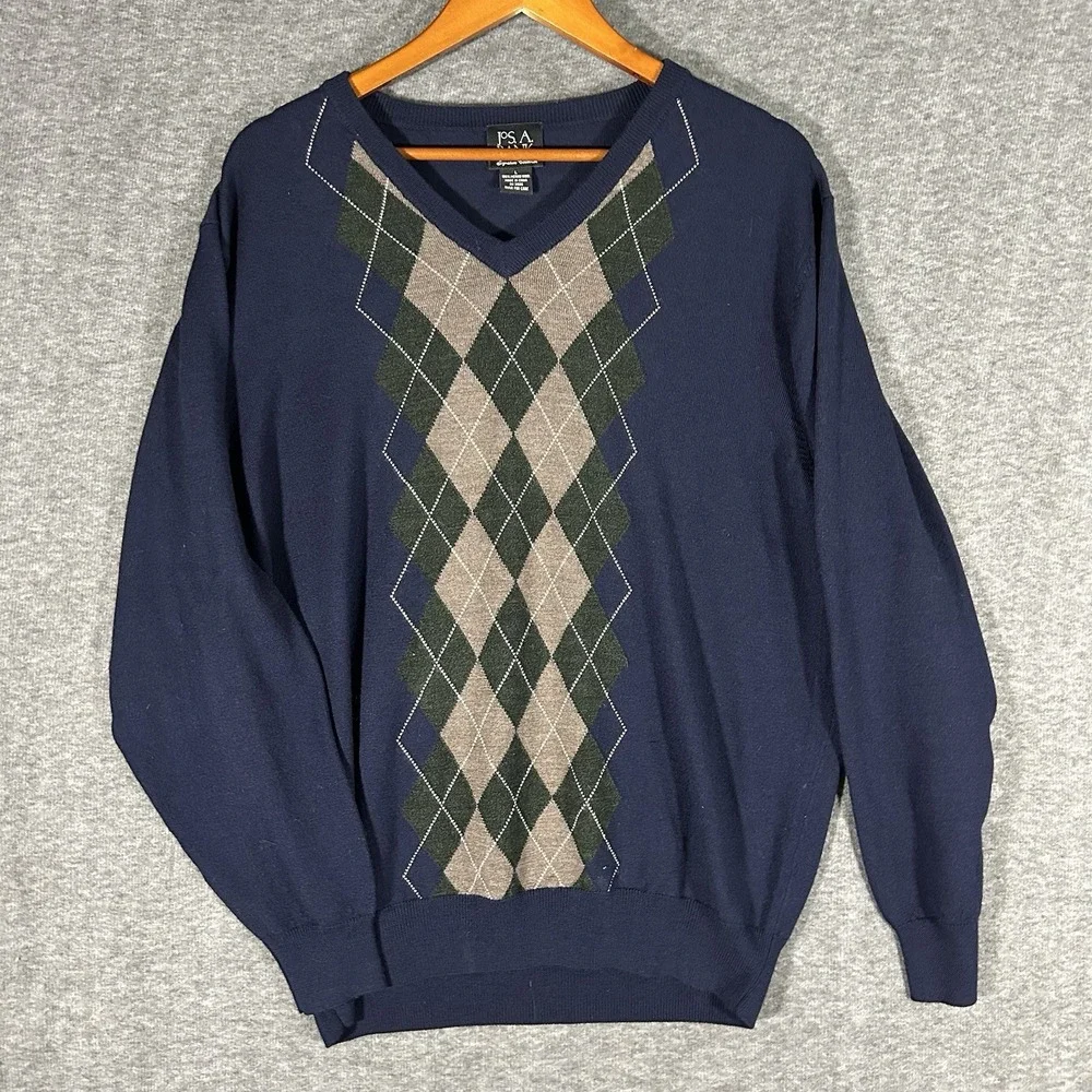 Jos. A. Bank Blue Green‎ Brown Argyle 100% Merino Wool V-Neck Sweater Size L